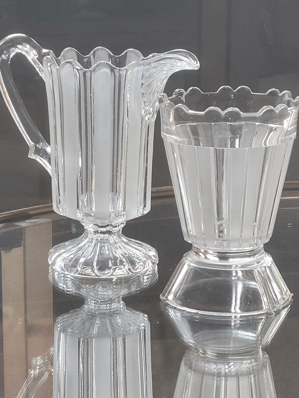 Frosted Ribbon Creamer And Open Sugar Set, Bakewell, Pears, Black, True Antique